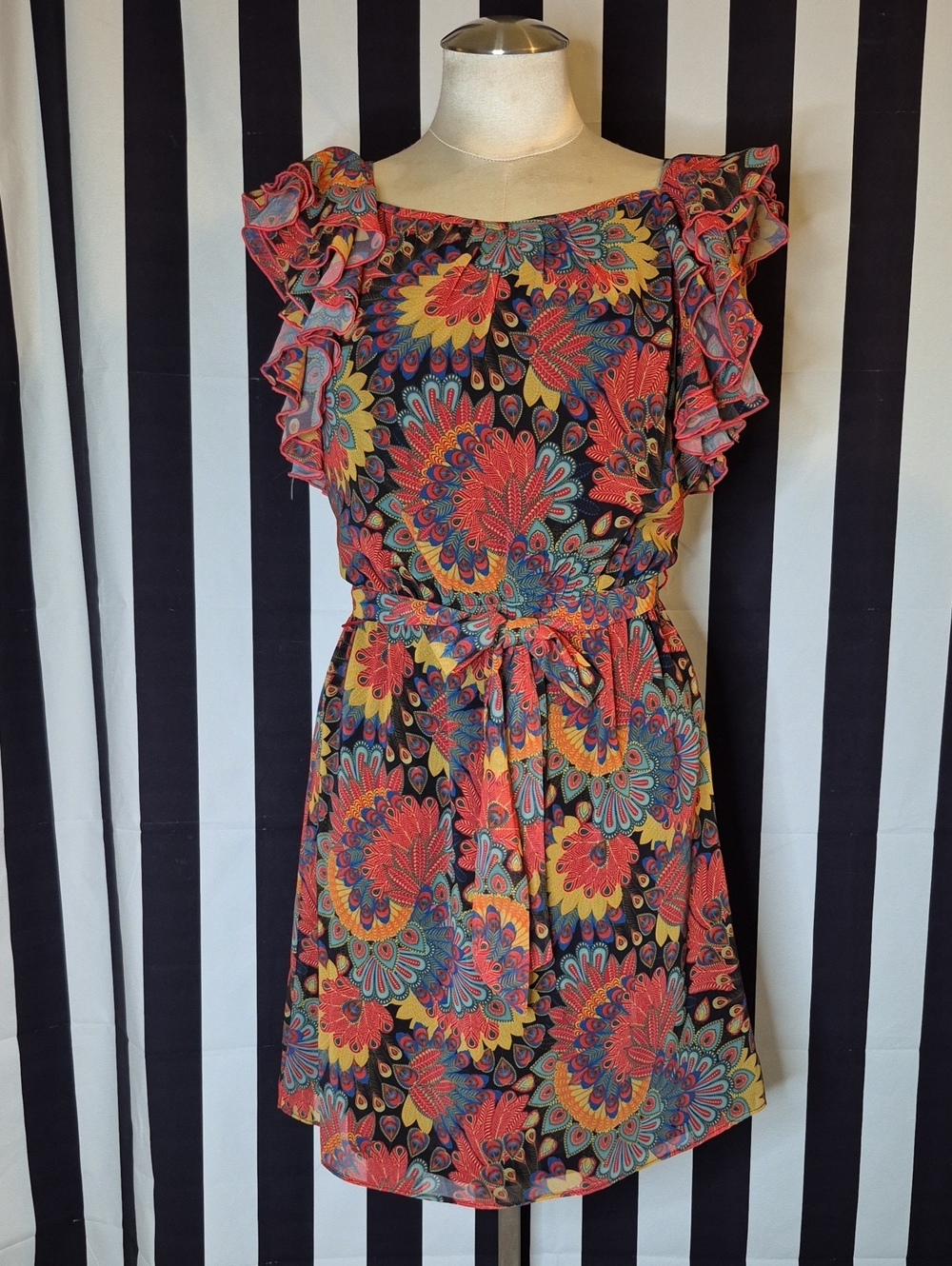Floral Ruffle Tie-Waist Dress in Yellow and Coral